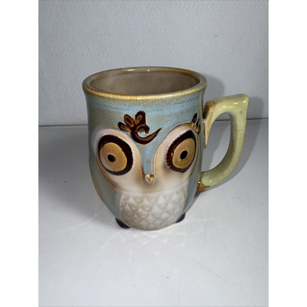 Gibson Home Owl Coffee Mug Tea Blue Green Pottery Stoneware Ceramic 16 Oz.